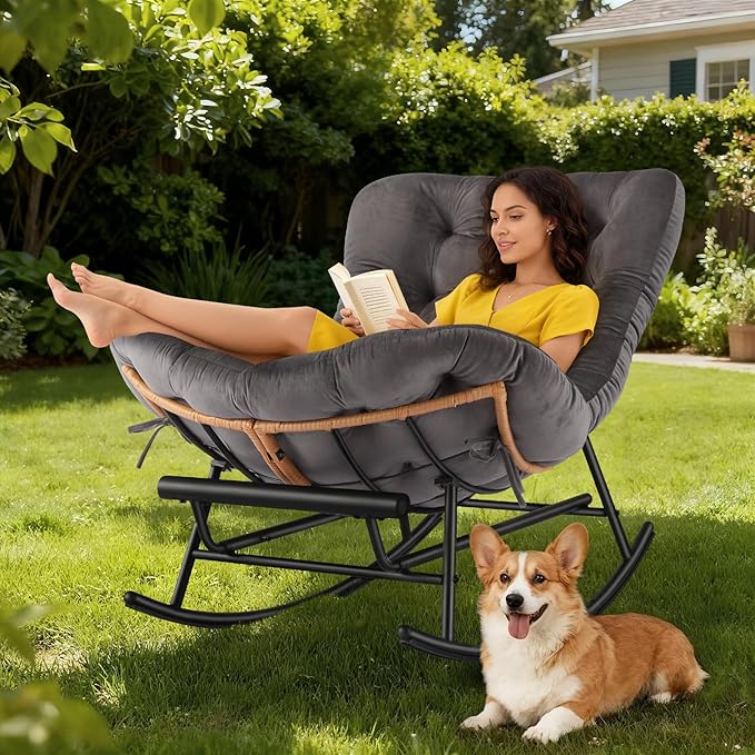 Jojoka Oversized Papasan Rocking Chair with Integrated Detachable Foot Rest, Thick Removable Cushion, PE Rattan Metal Frame Lounge Chair for Indoor Outdoor Patio, Garden, Porch, Living Room