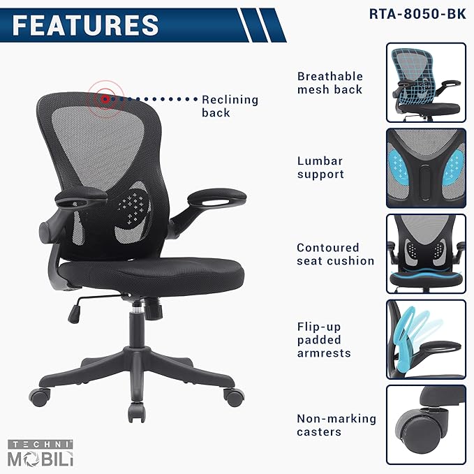 Ergonomic Office Chair with Mesh Back Rest Lumbar Support Flip Up Arms and Swivel, Mid-Back Task Home Office Chair