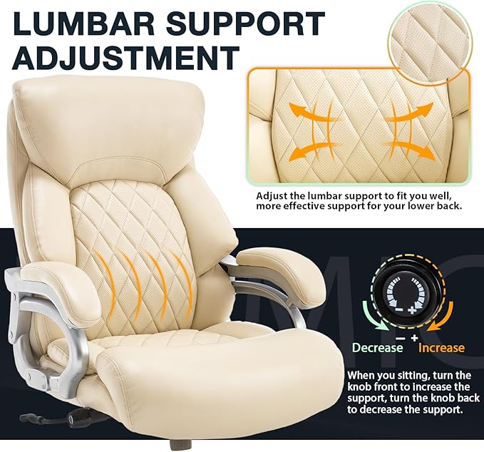 ZSQN Big and Tall Office Chair for Heavy People, 500LBS High Back Extra Wide Heavy Duty Executive Office Chair Comfortable for Home, Large Computer Desk Chairs with Adjustable Lumbar Support Beige
