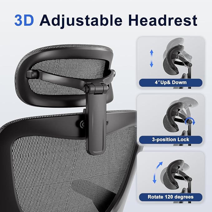 marrap Ergonomic Office Chair, Mesh Seat Cushion with 3D Armrests and 3D Headrest, Adjustable Lumbar Support with 90-120° Rocking Function for Home Office, Black