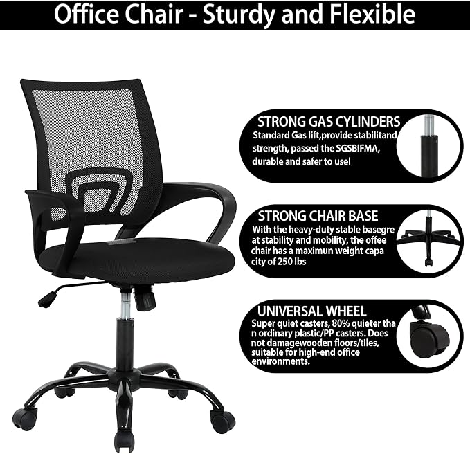 Ergonomic Computer Chair with Backrest – Breathable Mesh Office Chair, Adjustable Height & Rocking Mode, Heavy Duty 250lbs Weight Capacity, Metal Base, Black