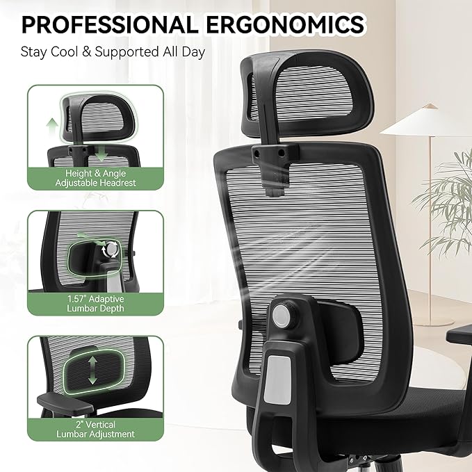 Ergonomic Office Chair Mesh Back, Office Desk Chair with Adjustable Lumbar Support, Rolling Work Chairs with Wheels and 3D Headrest, Set of 4, Black