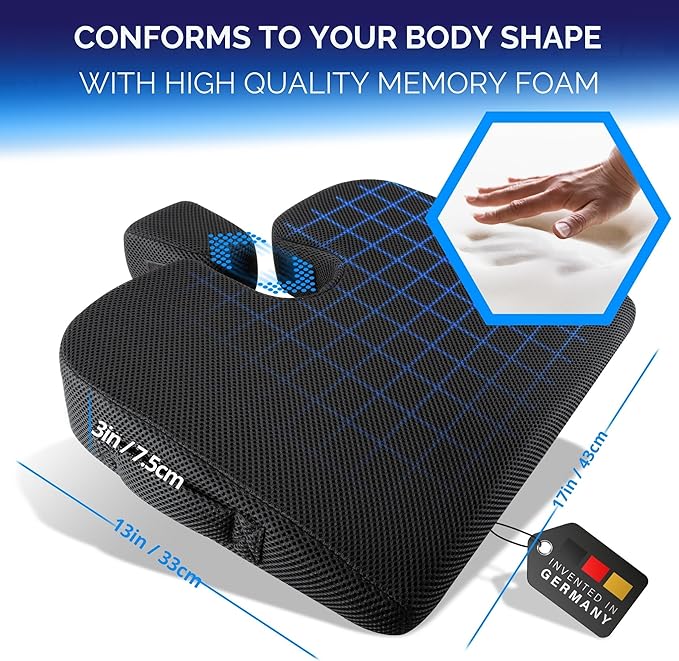 Healthfix® Wedge Seat Cushion - Orthopedic Memory Foam Seat Wedge for Office Chairs, Posture Support, Pressure Relief for Back/HIPS/Tailbone - Medium (130-200 lbs)