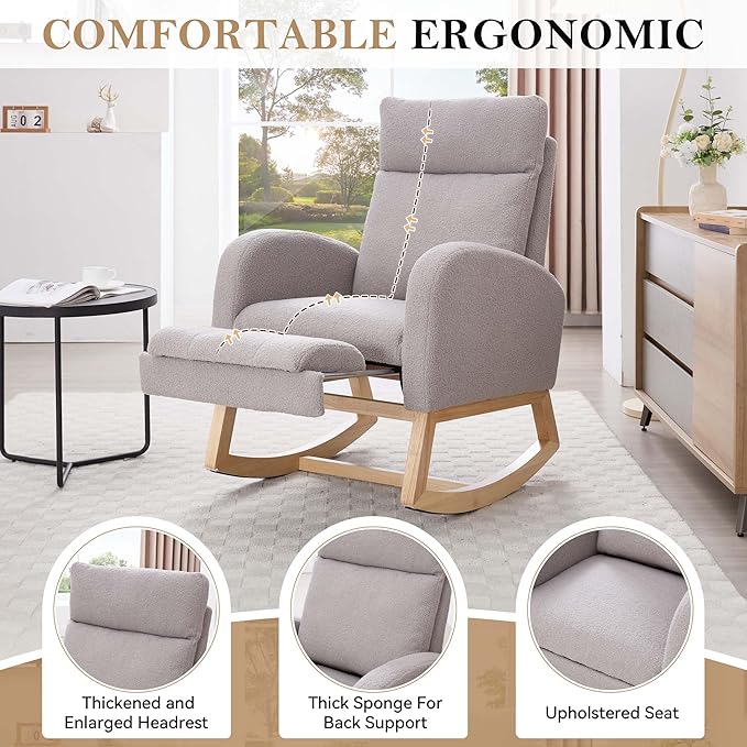 40" Teddy Nursing Rocking Chair, Nursery Chairs with Adjustable Foot Rest, High Backrest Upholstered Arm Chair with Side Pockets, Wood Rocking Chair for Living Room, Bedroom, Baby Room (Light Gray)