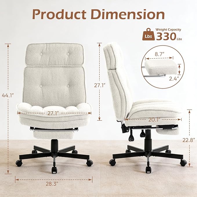 Criss Cross Chair with Wheels - Home Office Desk Chairs with Foot Rest, Morden Comfy Swivel Makeup Chair for Vanity, Ergonomic Cross Legged Office Chair with High Back & Wide Seat, White