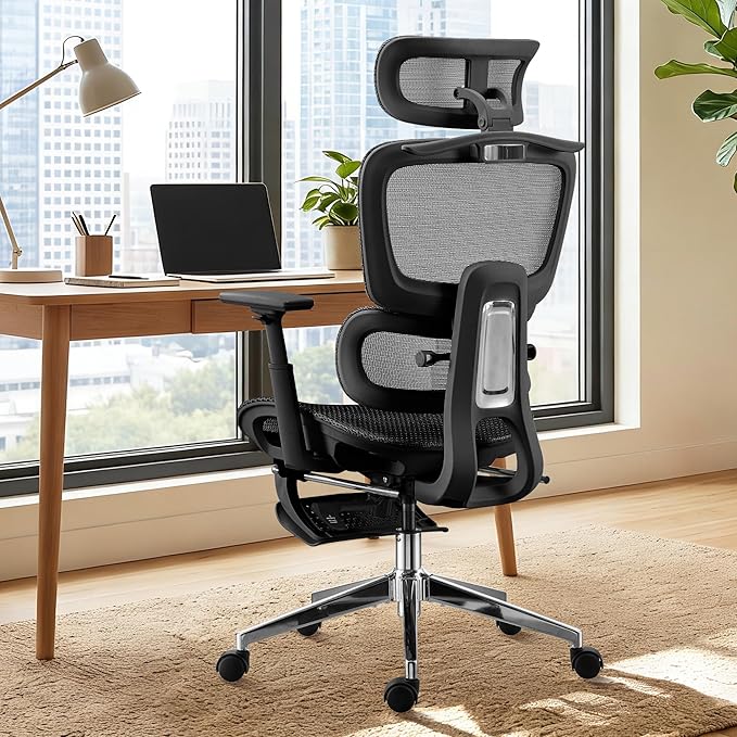 Ergonomic Office Chair, Home Mesh Desk Computer Chair, Comfortable Gaming Chair with Footrest, Wheels, Adjustable 2D Headrest, Lumbar Support, High Back and 3D Armrest, Black