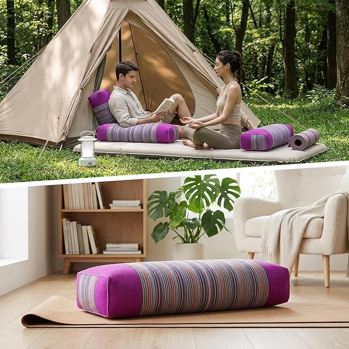 Buckwheat Pillow & Cervical Pillows for Sleeping (21x8x3inch) 100% Organic Coarse Cloth Package w Organic Buckwheat Hulls, Natural Cooling Technology and Relieve Cervical Pain. (Purple)