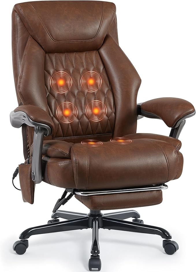 Massage Office Chair with Heat & Foot Rest, 6 Points Vibration, Ergonomic Executive Reclining Desk Chair, PU Leather Padded Seat for Home Office Comfort