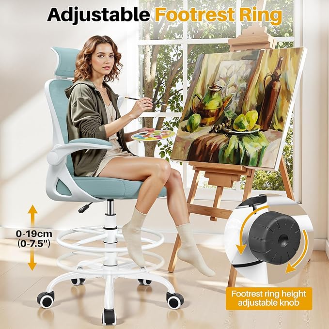 Drafting Chair, Tall Office Chair for Standing Desk, Ergonomic High Back with Headrest, Lumbar Support, Foot Ring and Flip-up Armrests, Light Blue