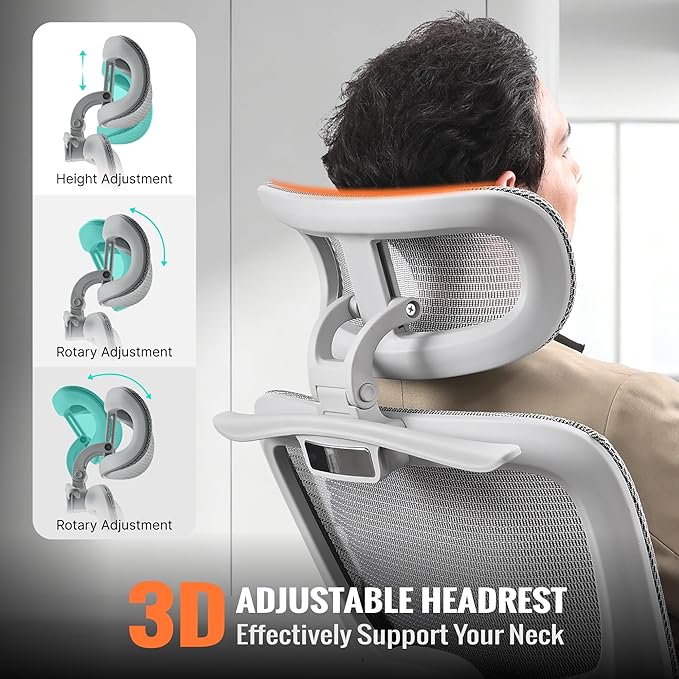 Ergonomic Office Chair, Home Mesh Desk Computer Chair, Comfortable Gaming Chair with Footrest, Wheels, Adjustable 2D Headrest, Lumbar Support, High Back and 3D Armrest, Grey