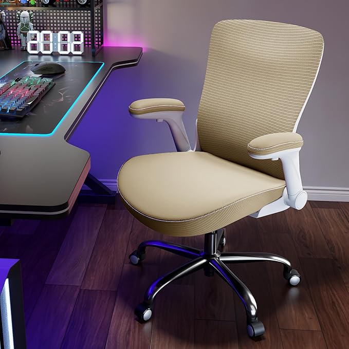 Ergalithic Office Home Ergonomic Desk Chair-Computer X-Shaped Chair Mesh PU Leather with Adjustable Lumbar Support-Executive Chair High Back Flip-Up Arms for Long Hours (Khaki-No Headrest)