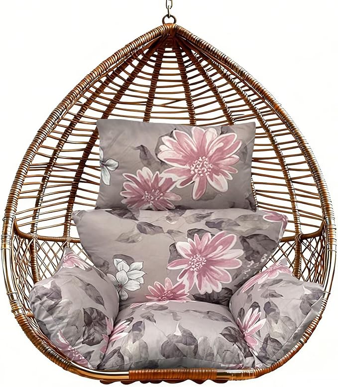 Floral Egg Chair Cushions Hanging Basket Chair Pads Replacement Patio Basket Swing Cushion with Headrest Pillow Pink Grey
