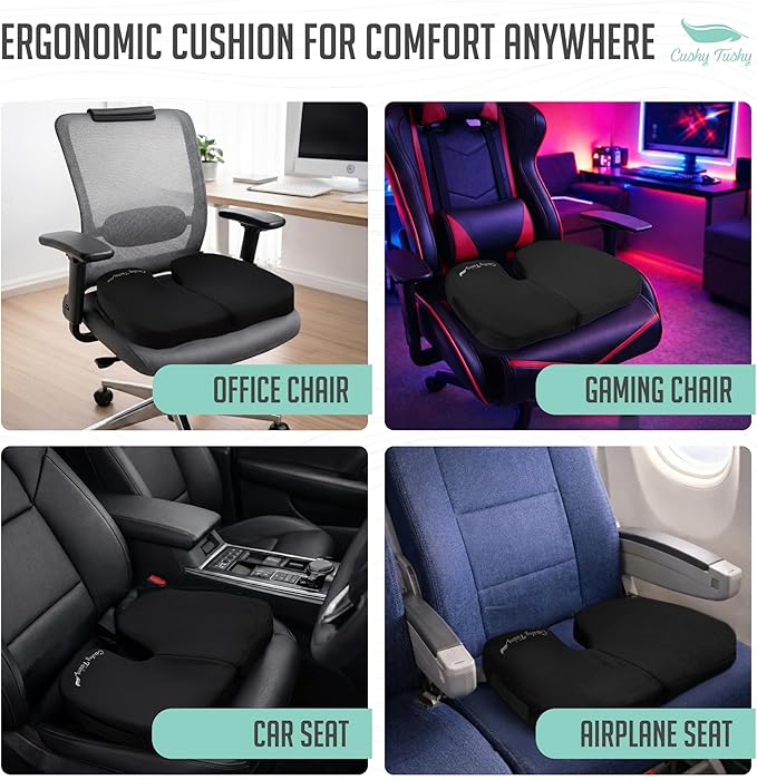 Cushy Tushy Premium Slim Foldable Travel Seat Cushion - for Relief of Lower Back, Sciatic, Butt and Tailbone Pain - for Home & Office Use, Perfect for Travel or Driving - Slim Coccyx Cushion - Black