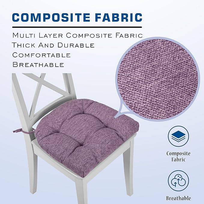 SQUARE MOON D-Shaped 3" Thick Chair Cushions, Chair Pads for Dining Chairs and Kitchen Chairs, Indoor Dining Room Seat Cushions with Ties, Machine Washable, 17" x 16" x 3", 4/Pack, Light Purple