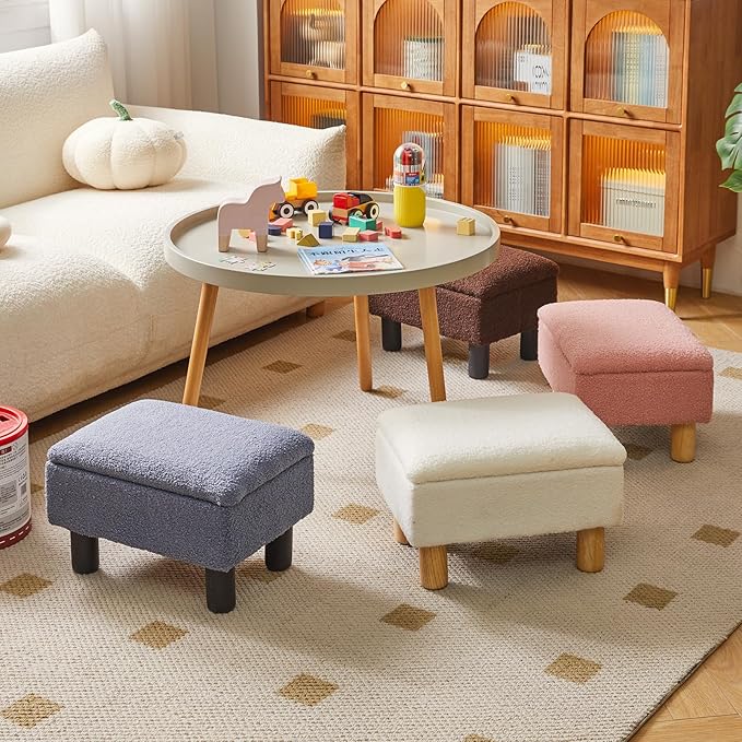 Aibiju Foot Rest for Couch, Foot Stool Ottoman with Wood Legs, Teddy Velvet Ottoman with Storage 16x12x9.5inch Flip Top Small Stool for Living Room Dorm Teddy Gray YD-JD136G