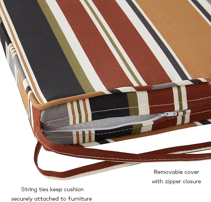 Outdoor 18 inch Square Patio Dining Chair Pads – Comfortable Fiber-Filled Seat Cushions with Ties, Reversible Polyester Fabric - Brick Stripe, Set of 2