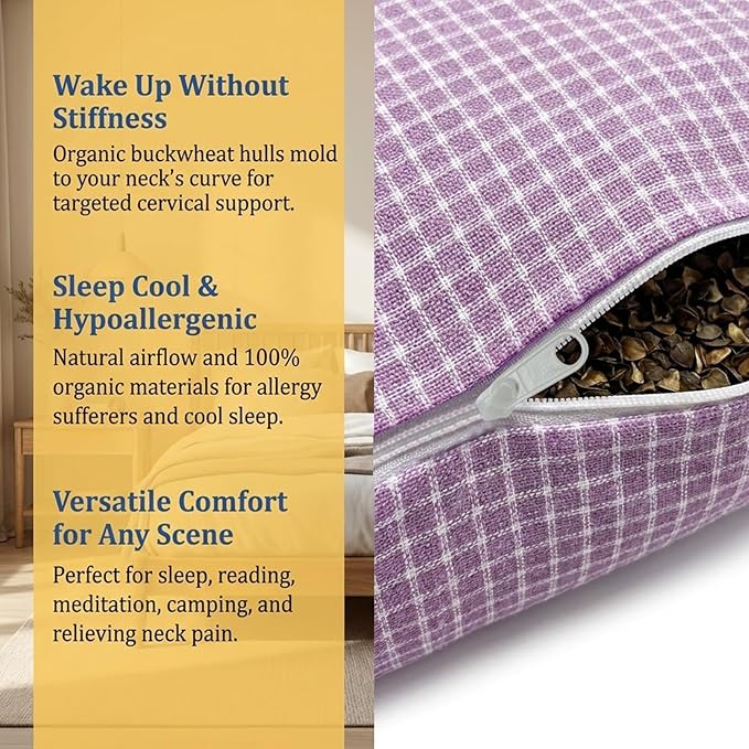 Organic Natural Buckwheat Pillow for Sleeping, Adjustable Buckwheat Hull Pillow with Organic Cotton for Cool Sleep (xiaoge Purple)