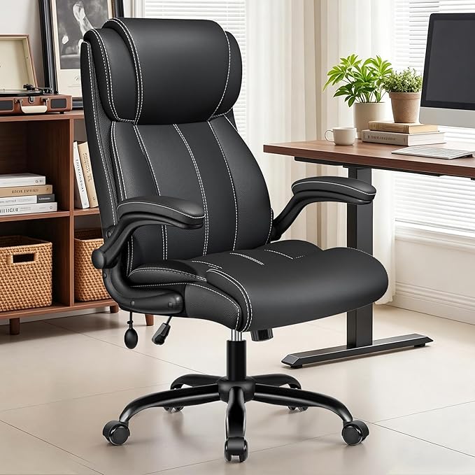 Ergonomic Office Chair, High Back Computer Desk Chair, Executive Leather Chair with Adjustable Lumbar Support & Flip Up Arms, Swivel PC Chair for Home Office Gaming