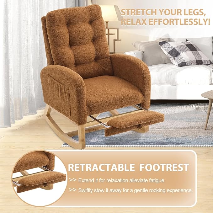 cinkehome Nursery Rocking Chair with Retractable Foot Rest, Teddy Glider Rocking Chair, Mid Century Rocker Chair, High Back, Solid Wood Legs