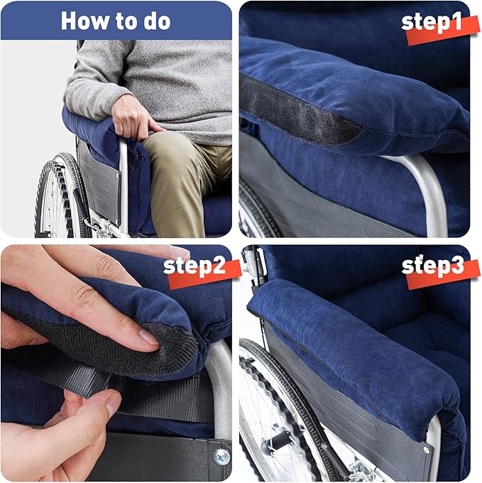 Wheelchair Cushions, Pressure Pain Relief Accessories with Armrest Covers, Supports Coccyx & Back, Non-Slip, Fits Wheelchair with 16'' Length Armrest (Navy)
