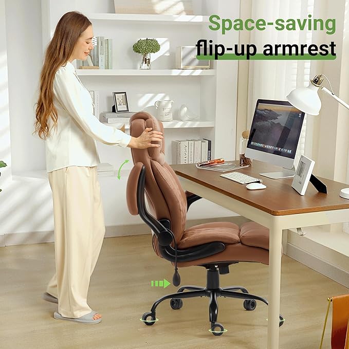 Office Chair, Big and Tall Executive Chairs with Lumbar Support for Back Pain, Breathable Desk Computer Chair with Adjustable Flip-up Armrests,Wide Cushion Swivel Home Office Chair Black,Brown PU