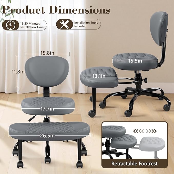 AtHope Ergonomic Cross Legged Office Chair with Wheels - Adjustable Height for Meditation, ADHD Desk & Yoga - Wide Criss Cross Design with Lumbar Support, Kneeling Chair - Dark Gray