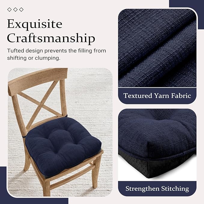 Wellsin Chair Cushions for Dining Chairs, Non-Slip Kitchen Chair Pads with Ties, Tufted Shredded Foam Kitchen Chair Cushions Set of 2, 15.5" X 15.5", Navy