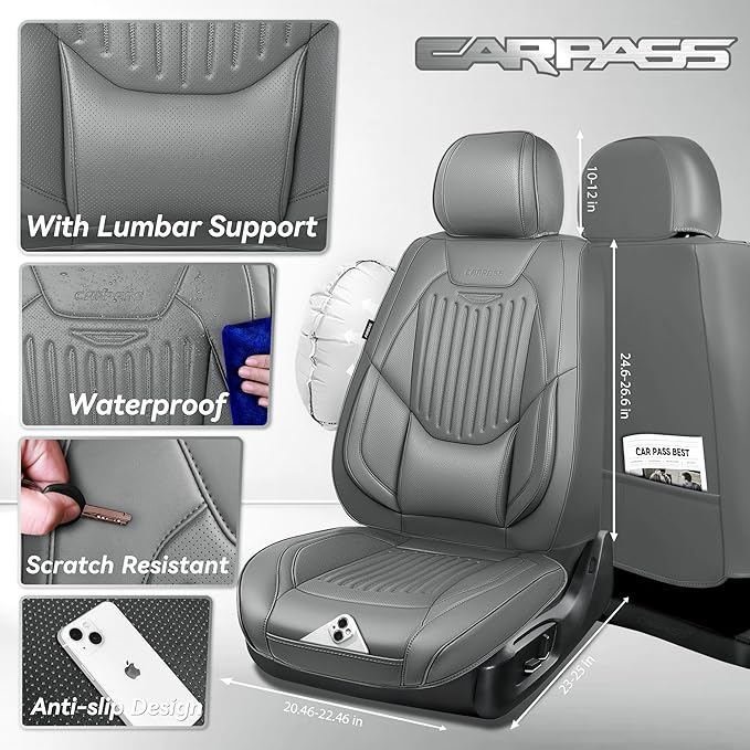CAR PASS Luxury Nappa Leather Car Seat Covers Full Set, Lumbar Support Seat Covers for Car 5 Seats, Waterproof Car Seat Protector, Automotive Seat Covers Universal Fit for Most Sedans SUV Trucks Gray