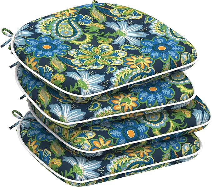 DYTXIII Set of 4 Outdoor Chair Cushions with Ties,Water Repellent Patio Chair Pads 17"x 16" for Outdoor Furniture,Round Corner Seat Cushions for Garden Yard Kitchen Flower Child