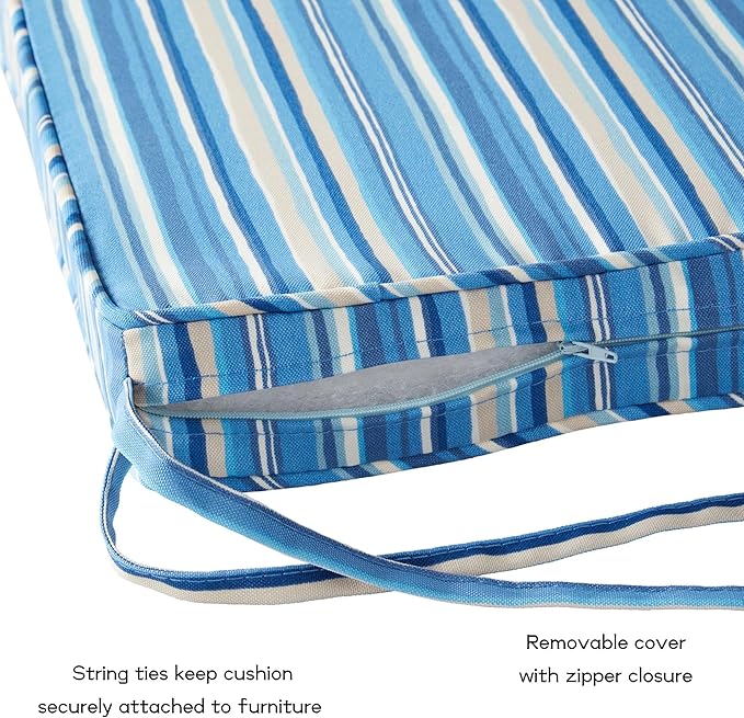 Outdoor 18 inch Square Patio Dining Chair Pads – Comfortable Fiber-Filled Seat Cushions with Ties, Reversible Polyester Fabric - Sapphire Stripe, Set of 2