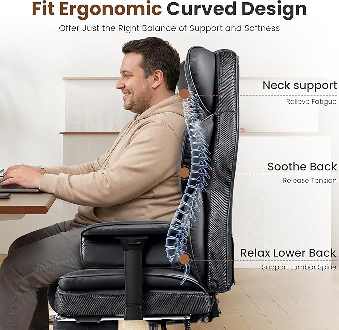 BESTFAIR Big and Tall Office Chair - Heavy Duty 400 LBS Executive Chair with Lumbar Support & Foot Rest, Plus Size Ergonomic Desk Chair, Padded Wide Seat, Adjustable Armrests, Flat Black