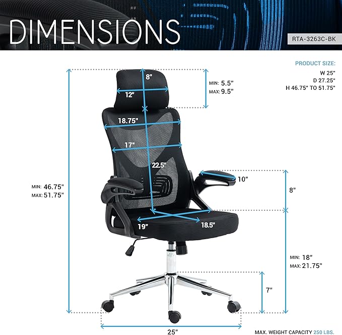 Ergonomic Office Chair with Adjustable Lumbar Support & Headrest, Height Adjustable High Back Mesh Desk Chair with Wheels and Flip Up Arms, Black