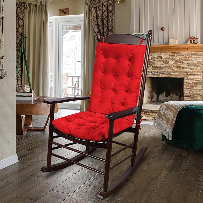ELFJOY Rocking Chair Cushion Large Rocking Chair Pads with Ties Premium Tufted High Back and Seat Cushion 2 Piece Set Red
