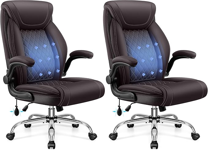 Office Chair, Big and Tall Ergonomic Desk Chair, Executive Leather Computer Chair with Adjustable Lumbar Support, Comfy Gaming Chair with Flip Up Arms, Swivel PC Chair with Rocking Function, Coffee