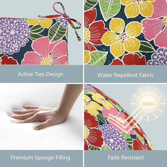 LVTXIII Outdoor Chair Cushions 18.5"x16"x2" Pack of 4, Water-Repellent Square Corner Memory Foam Seat Cushions with Ties for Garden Patio Furniture, Flower Bloom