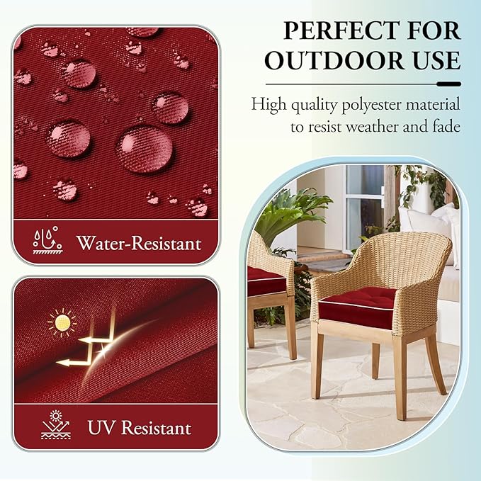 Wellsin Outdoor Chair Cushions Set of 2, Patio Cushions for Outdoor Furniture, Tufted Waterproof Outdoor Chair Pads, 17 x 17 Inch, Burgundy