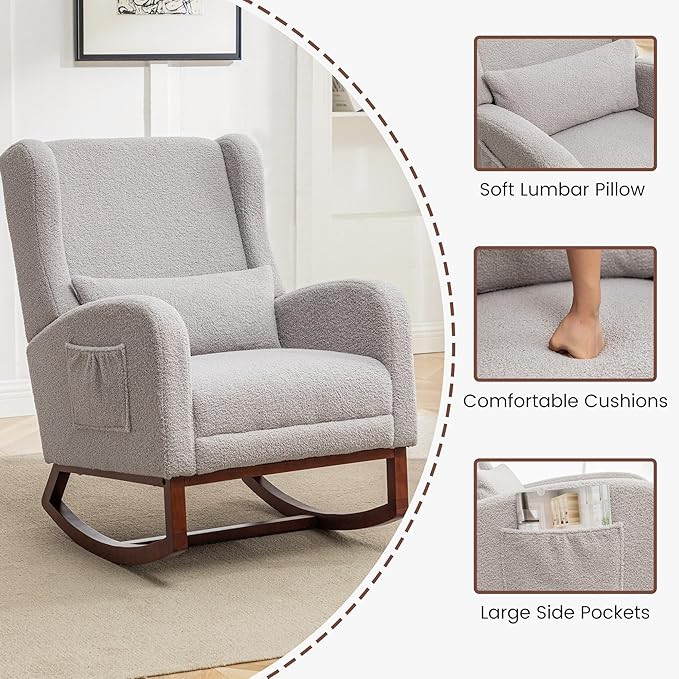Nursery Rocking Chair,Rocking Chair with Foot Rest,Nursery Rocker Comfy Glider Nursing Chair with Back Pillow for Living Room,Bedroom,Light Grey