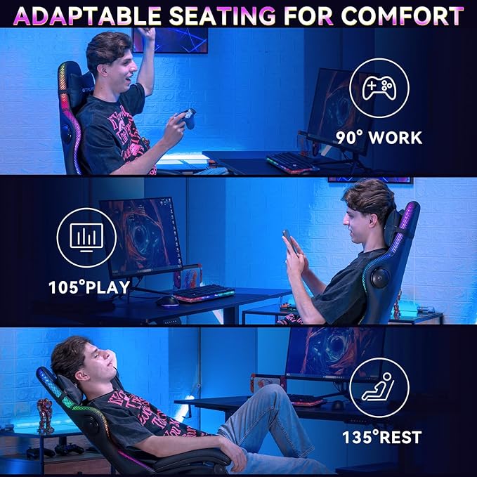 GTPLAYER RGB Gaming Chair with Speakers, Computer Gamer Chair with Footrest and LED Lights, PC Gaming Chairs for Adults, High Back Reclining Office Chairs, Linkage Armrest (Black)