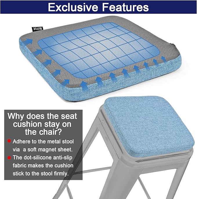 BUYUE Friendly Woven Fabric Magnetic Bar Stool Cushions Set of 4, Enhanced Anti-Slip Breathable Small Chair Seat Pads for Café Bistro Stackable Metal Stools (Square, Light Blue, 4 Counts)