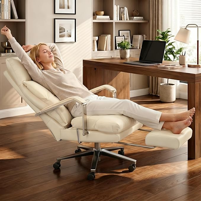 OKUP® M76 Recline Office Chair with Footrest, 160° Infinite Reclining 10" Thick Executive Desk Chair, 420lb Heavy Duty Big and Tall, Adjustable Seat Depth, Cream