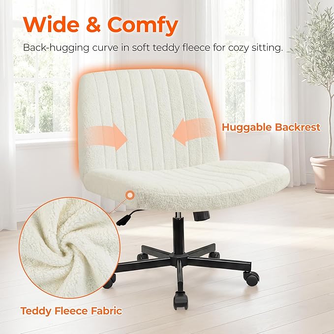 Orange Factory Criss Cross Chair Wheels Vanity Chair Office Desk Comfy Wide Cross Legged Armless Teddy Fabric Adjustable Swivel for Home Computer Task (White, Teddy Fleece)