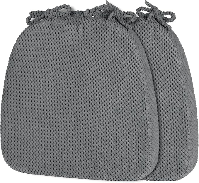 2 Pack Dark Grey Chair Cushions with Ties Removable Covers, D-Shape Dining Kitchen Chair Seat Pads Non Slip 17"x16"