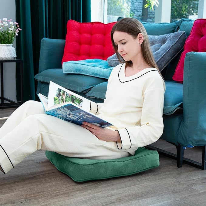 1 MIDDLE ONE Floor Pillow Set of 2, Memory Foam Meditation Cushion, Floor Cushions for Adults Sitting, Large Square Seat Cushions for Yoga, Living Room, 22x22 Inch (Green)