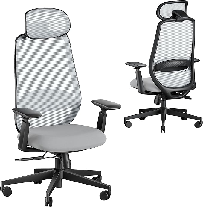 ProtoArc Ergonomic Office Chair – EC200 High-Back Mesh Computer Chair with Lumbar Support, 3D Adjustable Headrest & Sliding Seat for 8+ Hour Comfort, Big & Tall Home Office Desk Chairs - Light Grey