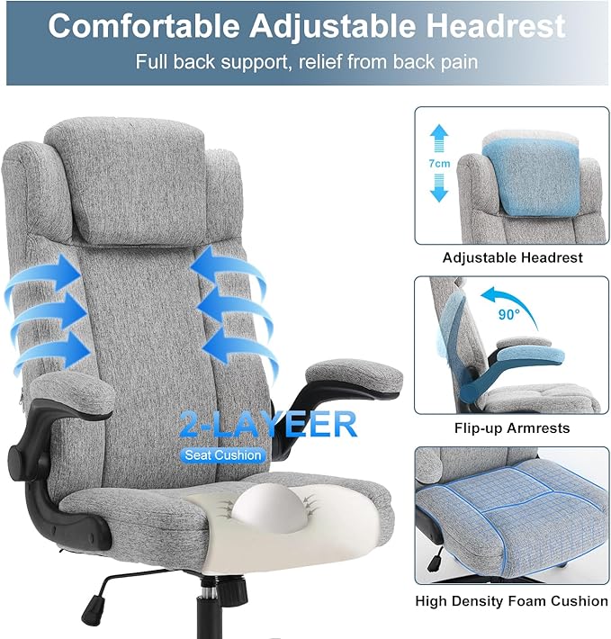 High Back Fabric Office Chair, Ergonomic Computer Desk Chair with Adjustable Headrest & Flip-up Armrests, 120° Tilt Rock Function, 400 lbs Weight Capacity for Home Office & Lumbar Support