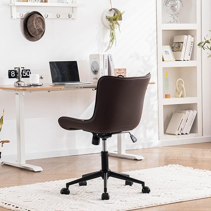 YOUNIKE Ergonomic Home Office Desk Chair with Wheels Comfy Armless Criss Cross Chair with Adjustable Back Modern Leather Upholstered Swivel Vanity Chair Small Cute Rolling Task Chair for Women Brown