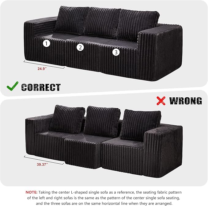Hobestluk Modular Sectional Sofa Memory Foam Couch Oversized Sectional Sofa 3-Seater with Chaise Cloud Couch with Removable Cover L Shape Sofa for Living Room (Strip Grey, 3-Seater with Chaise)