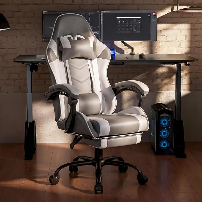 Gaming Chair, Ergonomic Computer Chair with Footrest and Lumbar Support, Height Adjustable Office Chair with 360° Swivel Seat and Headrest (White)
