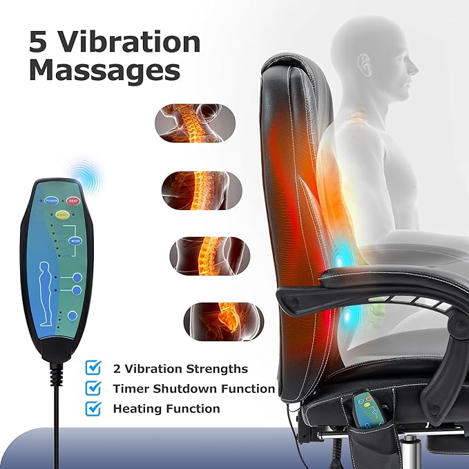 TonghuaS Massage Office Chair with Foot Rest Vibration and Heating, 90-130° Reclining Desk Chair, Ergonomic Reclining Computer Gaming Leather Chair(Black)