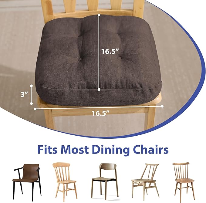 IASEAHK Chair Cushions for Dining Chairs, Dining Chair Cushions, Tufted Indoor Chair Pads with Ties & Non Slip Backing, Seat Cushions for Kitchen Chairs 16.5” x 16.5” x 3.5”, Set of 4, Brown